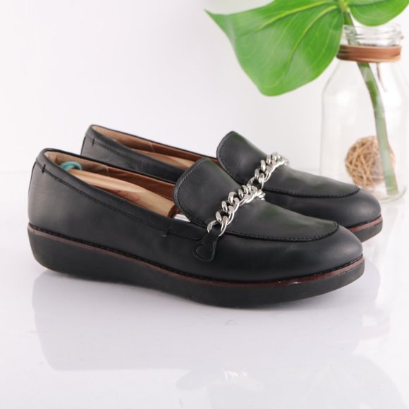 Fitflop Petrina Chain Loafer Platfrom Slip On Women 9 Black Leather Comfy Toning - Picture 4 of 14
